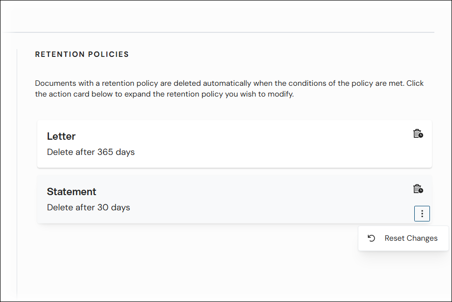 The Reset Changes menu item for a document definition's retention policy.